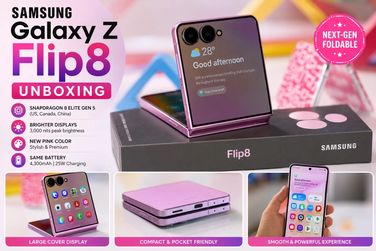 Samsung Galaxy Z Flip8 foldable smartphone in pink showing its compact design